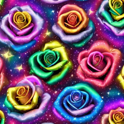 Prompt: Metallic rainbow roses in outer space in the style of Lisa frank