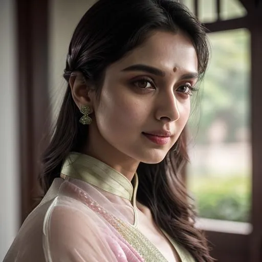 Prompt: Portrait up close, Upper torso, fantasy, Epic, Stunning, Spectacular, cinematic, 3D, 8k, HD, Beautiful!! White skin, actress female north Indian Aditi Rao hydari , 25 Yo, wear green hanfu, beautiful smile, detailed perfect nose, detail perfect pink lips, detailed gorgeous face, Beautiful big {heart-shaped}reflective Hazel eyes, messy hair bun, beautiful House background, morning sun rise, ultra detailed full body artistic photography, Gorgeous detailed face, shadows, brush strokes, ultra sharp focus, ominous, matte painting movie poster, golden ratio, epic, intricate, cinematic character render, hyper realistic, 64K --s98500