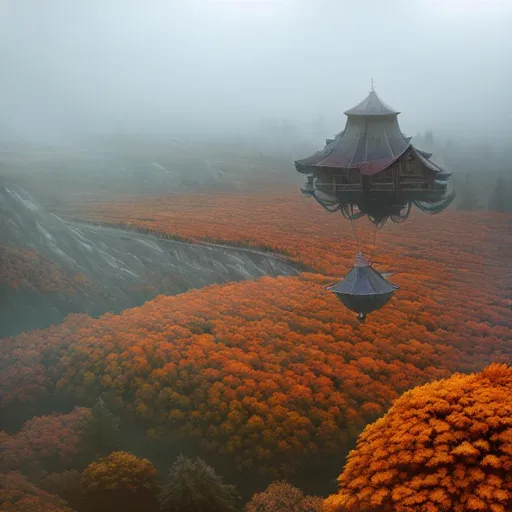 Prompt: surreal concept art of a strange winged cabin flying in an autumnal forest, foggy, gloomy, lots of details, intricate scene, correct, digital painting, fine tuned,  64k