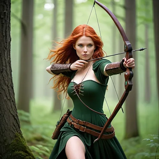 Prompt: 
In the depths of Sherwood Forest, where the trees whisper secrets and the air hums with the melody of nature, strides a figure of unmatched beauty and daring - a Robin Hood-esque archer with fiery red hair.

Tall and lean, with a powerful physique honed by years of traversing the forest and mastering the bow, she moves with the grace and agility of a woodland sprite. Her fiery locks cascade down her back in wild waves, catching the sunlight and casting a warm glow around her.

Her piercing green eyes, sharp and keen, reflect the wisdom and cunning of one who has spent a lifetime navigating the shadows of the forest. They sparkle with mischief and determination, hinting at the adventures and escapades that lie ahead.

Dressed in attire befitting a rogue of the woods, she wears a tunic of forest green, adorned with intricate embroidery and practical leather accents. A quiver of arrows hangs at her hip, ready to be unleashed with deadly precision at a moment's notice.

Across her back is slung a bow of polished wood, its sinewy curves a testament to the craftsmanship of the forest folk. With a steady hand and a steady eye, she draws back the bowstring, her aim true and unwavering as she takes aim at her target.

As she prowls through the forest, her movements are swift and silent, blending seamlessly with the natural world around her. She is a protector of the weak and a thorn in the side of the unjust, a modern-day hero for those who have been wronged by the powers that be.

In the heart of Sherwood, she is a beacon of hope and defiance, her red hair blazing like a fiery crown atop her head. She is Robin Hood reborn, a beautiful archer with a heart of gold and a spirit as wild and untamed as the forest itself.
