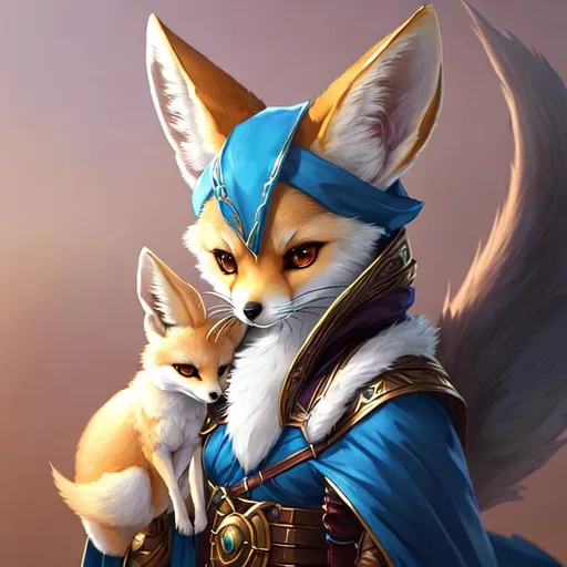 Prompt: anthropomorphic fennec fox with blue eyes, Asian clothes, furry, pretty, beautiful, DnD character art portrait, matte fantasy painting, DeviantArt Artstation, by Jason Felix by Steve Argyle by Tyler Jacobson by Peter Mohrbacher, cinematic lighting, One tail,