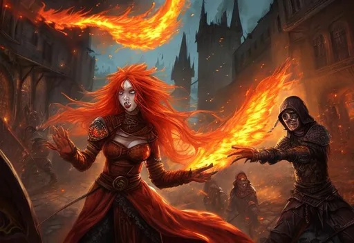 Prompt: realistic fantasy art. a female red haired fire mage at night is attacked by undead in a medieval city 