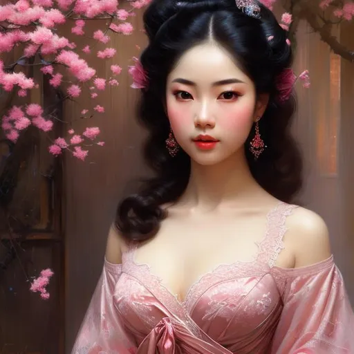 Prompt: front view full body portrait japanese pinup woman in a pink black lace nightgown head turned to face viewer by pino daeni, gorgeous face, gorgeous eyes, gorgeous body, The artwork should be inspired by the styles of Norman Rockwell, Craig Mullins, and Ross Tran, and should be in 4K resolution.