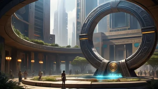 Prompt: magical portal between cities realms worlds kingdoms, circular portal, ring standing on edge, upright ring, freestanding ring, hieroglyphs on ring, complete ring, ancient egyptian architecture, gardens, large wide-open city plaza, turned sideways view, futuristic cyberpunk tech-noir setting