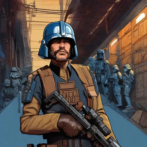 Prompt: Star wars rebel trooper. blue uniform. He wears a rebel fleet helmet. In background a scifi alley. Rpg art. Star wars art. 2d art. 2d. Well draw face. Detailed. 