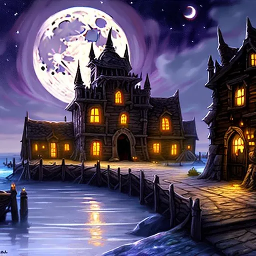 Prompt: concept art, fantasy, full moon, town near salt flats, thieves guild