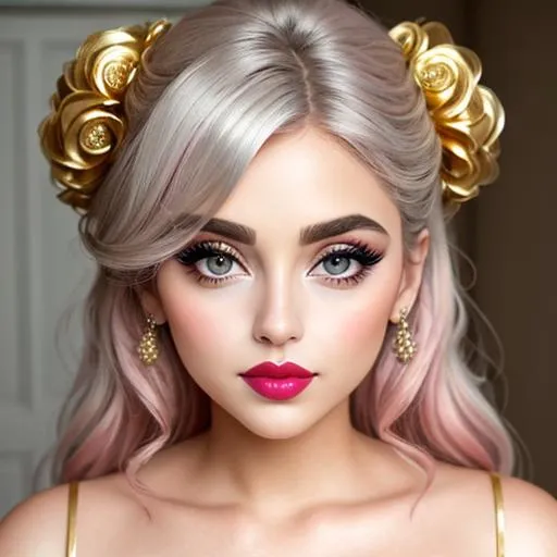 Prompt: big  eyes and carmine lips, silver and golden breaded silk, lips, pink cheeks
