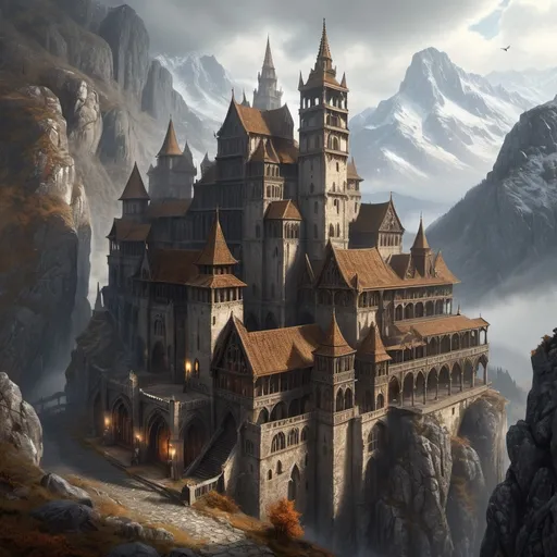 Prompt: Warhammer fantasy RPG style towering monastery in the mountains, sunny day, medieval architecture, weathered stone walls, intricate gothic details, high resolution, detailed, dark fantasy, atmospheric lighting, foggy ambiance, gothic, medieval, detailed stonework, bustling, mysterious, walking monks, warm tones, distant birds-eye view