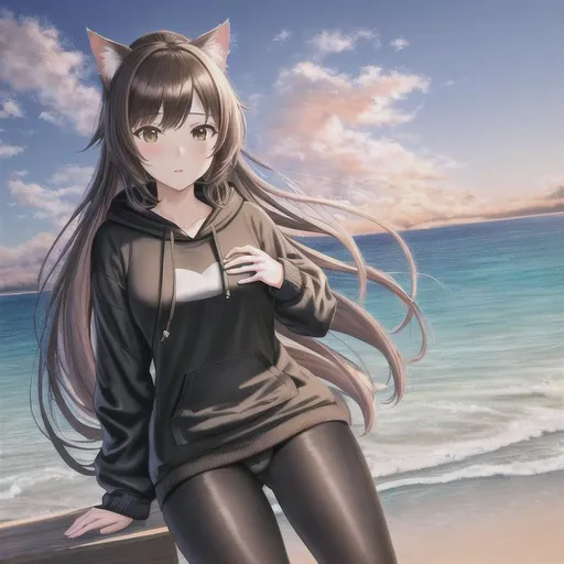 Prompt: oil painting, UHD, hd , 8k,  anime, hyper realism, Very detailed, zoomed out view, clear visible face, full character in view, clear visible face, cat girl character with long brown hair, wears a black hoodie with leggings, at beach