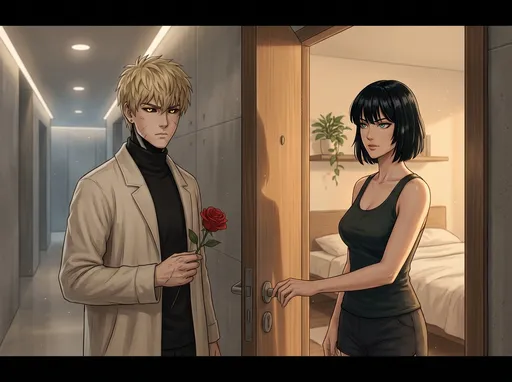 Prompt: A cinematic scene featuring two characters in a quiet, intimate moment set in a modern-day residential building.
Outside the door: A young human male inspired by an anime hero, early 20s, with a sharp, intense presence. Pale skin, short spiky blond hair with a slightly messy texture, and natural human golden-yellow eyes with realistic pupils and sclera, no glow, no mechanical or robotic appearance, subtle dark shadowing around the eyes that gives a fierce yet grounded expression. Clean human face with a defined jawline and straight nose, no mechanical or cybernetic elements of any kind. He wears a modern minimalist outfit suitable for present day: a fitted black turtleneck under a light-colored open jacket with a high collar. His posture is calm but battle-ready, shoulders relaxed yet alert. He is standing in a modern apartment hallway outside a closed wooden door, holding a single flower gently in one hand, expression serious but softened by quiet vulnerability. Subtle scars hint at past fights.
Inside the room: A mature, confident woman with pale skin, sharp emerald-green eyes, and a short jet-black bob haircut with straight bangs. Her facial features are realistic and proportionate, with subtle anime influence rather than exaggerated stylization. Calm, composed expression, intelligent gaze, slender and athletic build. She wears fitted dark shorts and a simple sleeveless tank top. She is opening the door from inside her modern bedroom, one hand on the door handle, body partially visible through the doorway, posture relaxed yet self-assured.
Composition: Wide cinematic 16:9 horizontal frame, side-angle view that shows both characters clearly on opposite sides of the doorway. The wooden door is partially open, acting as a visual divider between them. Soft warm indoor light spills from the room into the hallway, contrasting with the cooler, neutral lighting of the modern building corridor.
Natural cinematic lighting with soft shadows, realistic fabric textures, detailed skin shading, subtle depth of field, dramatic but restrained atmosphere. Semi-realistic illustration style, anime-inspired but closer to realistic proportions, clean and professional finish, ultra-high resolution.