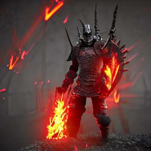 Prompt: evil knight, berserker, black spiked armor, glowing red eyes, cloaked, desolate burnt background, cinematic, hyperrealism, 8k render