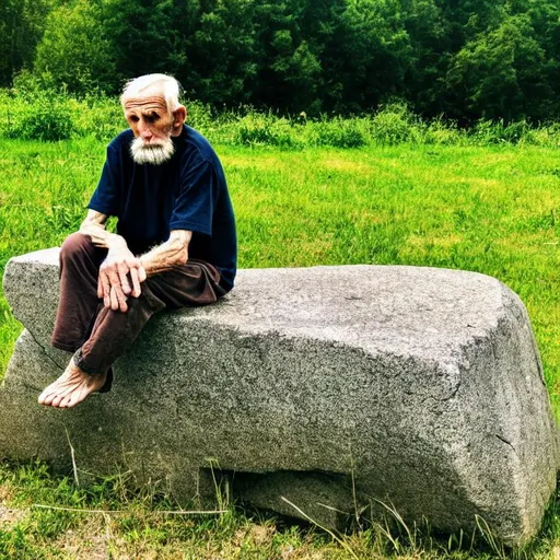 Prompt: An old man sitting on a slab of stone in the middle of a field