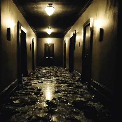 Prompt: Creepy Brown Hallway, Warping Psycho Floor, Only in Candlelight, Nightscare, Awful Melancholy, Water of Deep Concern  