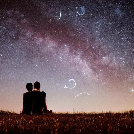 Prompt: a man and a woman laying in a field looking at the stars at night 