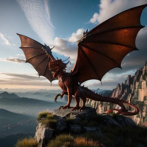 Prompt: ((A full-grown copper dragon with wings perched on a crag above the rooftops of a city, trending by artstation)), photorealistic 64k resolution, HDR, epic, expansive, brilliant, stunning, hyperdetailedphotorealistic , ultra detailed, hyperrealistic, surreal, matte painting, unreal engine 5, UHD, first player sight


