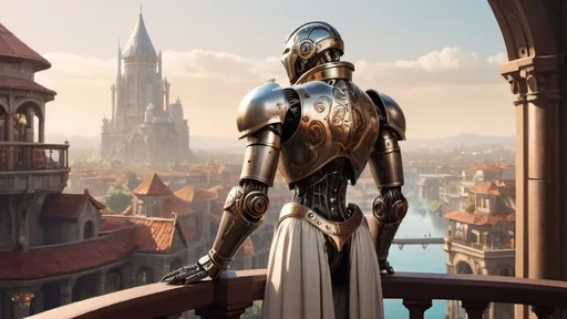 Prompt: a warforged automaton stands with back to camera on a large round balcony with a solid railing looking out over a fantasy city paradise during the age of arcanum 
