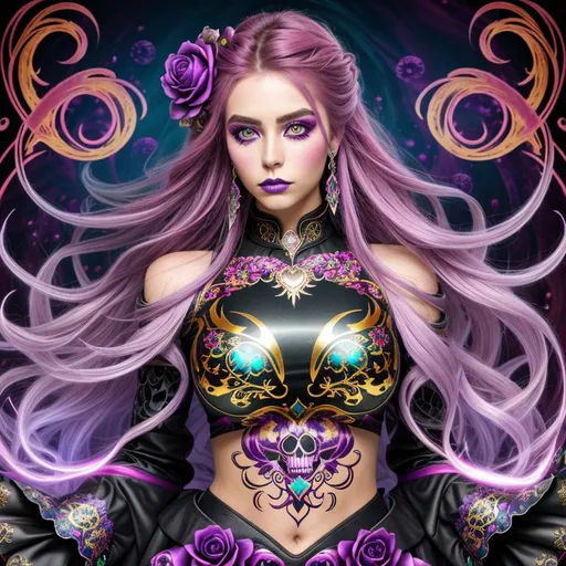 Prompt: Beautiful freeform dark chaos vivid bold, 3D, HD, [{one}({liquid metal {one}{Sugarskull}female, Beautiful big {heart-shaped}reflective eyes, long flowing hair, beautiful hands]::2, (clouds) with {purple gold pink green red silver blood}ink), ultra detailed full body artistic photography, detailed rugged Gorgeous detailed face, shadows, oil on canvas, brush strokes, ultra sharp focus, ominous, matte painting movie poster, golden ratio, epic, intricate, cinematic character render, hyper realistic, 64K --s98500