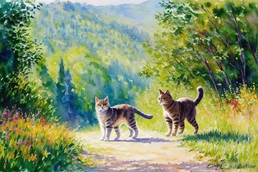 Prompt: exploring cat, realistic cat, wild cat, beautiful background, realistic, watercolor, impressionist, monet, fullbody, erin hunter warrior cats, journey, oil painting, realistic detailed fur