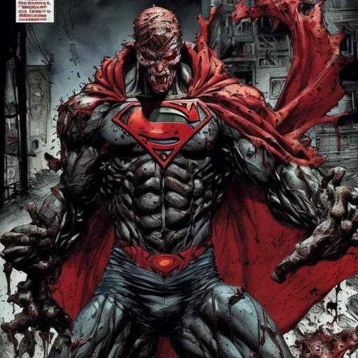 Prompt: Todd McFarlane Spawn superman variant. muscular. dark gritty. Bloody. Hurt. Damaged. Accurate. realistic. evil eyes. Slow exposure. Detailed. Dirty. Dark and gritty. Post-apocalyptic. Shadows. Sinister. Intense. 