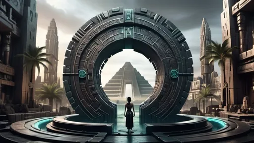 Prompt: magical portal between cities realms worlds kingdoms, circular portal, ring standing on edge, upright ring, freestanding ring, hieroglyphs on ring, complete ring, ancient aztec architecture, atlantis city plaza setting, panoramic view, futuristic cyberpunk tech-noir setting
