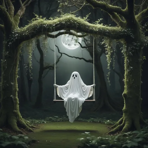 Prompt: Moonlit dark forest with a white ghostly spirit, sitting on a swing attached to a tree branch, suspended in the air. It appears to be covered in vines and moss, creating a peaceful and serene atmosphere. The ghosts is positioned facing forward, as if its enjoying the relaxing experience of being suspended in mid-air. The background features lush greenery and a few trees, adding to the dreamy ambiance of the scene