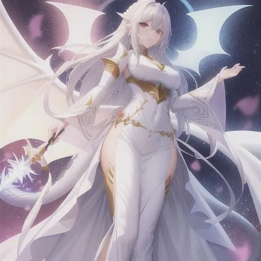 Prompt: White dragon knight, wings, large dragon tail, long dress, armor, woman