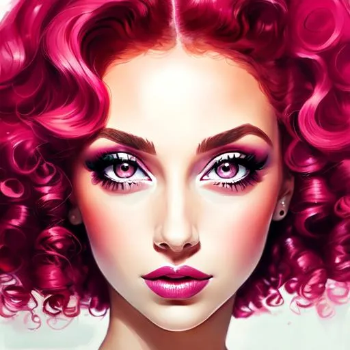Prompt: woman with big  eyes and carmine lips, curly pink hair, lips, pink cheeks