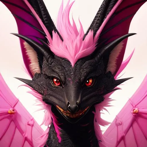 Prompt: Portrait of an anthro wyvern with striking pink fur and iridescent black markings and a cute face, liminal space streets, perfect composition, hyperrealistic, super detailed, 8k, high quality, trending art, trending on artstation, sharp focus, studio photo, intricate details, highly detailed, by greg rutkowski