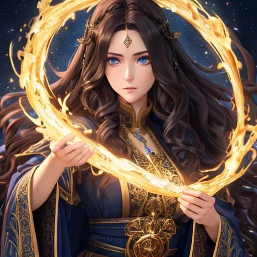 Prompt: "Full body, oil painting, fantasy, anime portrait of young woman with flowing curly dark brown hair and dark blue eyes | wearing intricate wizard robes, #3238, UHD, hd , 8k eyes, detailed face, big anime dreamy eyes, 8k eyes, intricate details, insanely detailed, masterpiece, cinematic lighting, 8k, complementary colors, golden ratio, octane render, volumetric lighting, unreal 5, artwork, concept art, cover, top model, light on hair colorful glamourous hyperdetailed medieval city background, intricate hyperdetailed breathtaking colorful glamorous scenic view landscape, ultra-fine details, hyper-focused, deep colors, dramatic lighting, ambient lighting god rays, flowers, garden | by sakimi chan, artgerm, wlop, pixiv, tumblr, instagram, deviantart