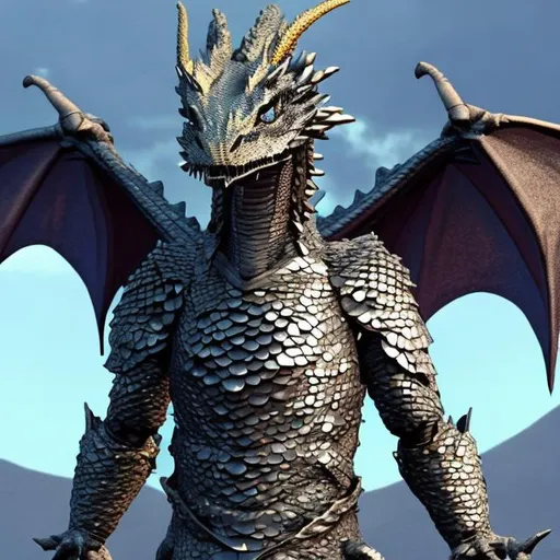 Prompt: Make a Humanoid Dragon, that has a regular Dragon Snout, Dragon wings and a Dragon tail.
Have him wear Armor made out of Dragon Scales and Dragon Gold