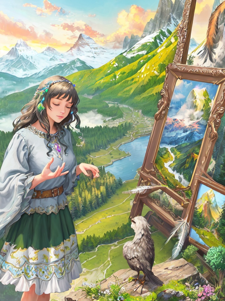 Image AI: Open Art: Majestic mountain vista, oil painting, vibrant colors, serene atmosphere, high resolution, realistic, landscape, peaceful ambiance, detailed feathers, scenic view, warm natural lighting, princess over a castle, animals, photorealism, vibrant landscape, detailed mountain, peaceful atmosphere, high-quality artwork