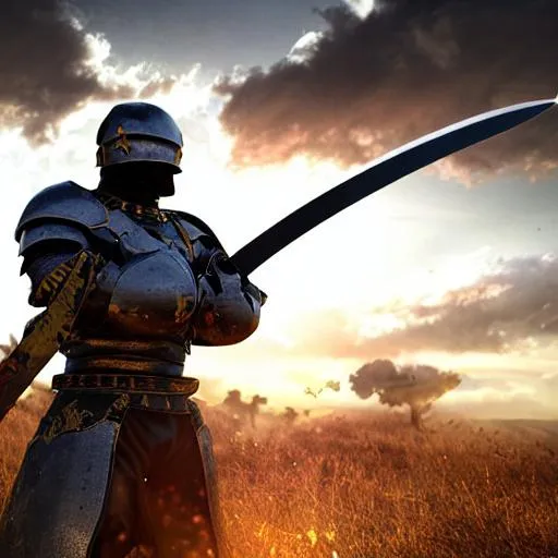 Prompt: Mercenary wearing black and bright gold armor standing atop a hill of bloody bodies of enemies, HD, looking into the sunset, HD, holding onto a curved sword, hyperrealistic, with an army of enemies still approaching from a distance as he looks determined and unfazed, the mercenary is blessed by the Gods, hyperrealistic, HD