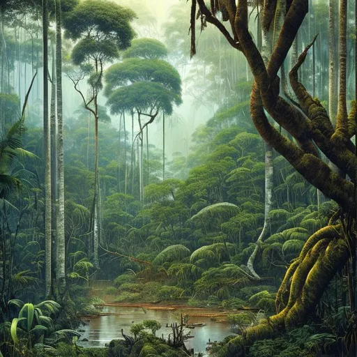 Prompt: Landscape painting, lush and dark jungle, trees with white bark and low branches, dull colors, danger, fantasy art, by Hiro Isono, by Luigi Spano, by John Stephens