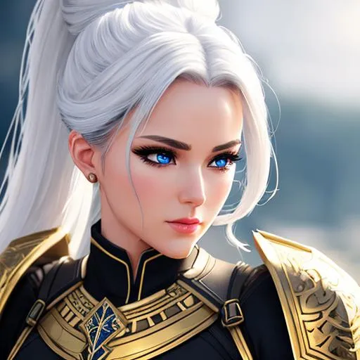 Prompt: black ponytail hair, white and gold armor, extremely realistic, hyperdetailed, fighter girl, RPG, D&D, highly detailed face, highly detailed eyes, full body, whole body visible, full character visible, soft lighting, high definition, ultra realistic, unreal engine 5, 8K, digital art