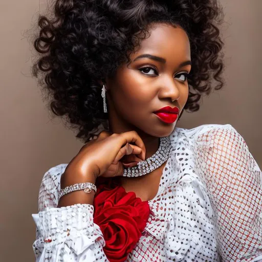 Prompt: Black sophisticated woman in white blouse with red  curled hair up wearing diamonds jewelry 