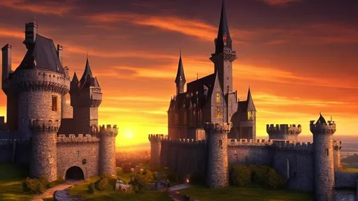 Prompt: Fantasy medieval castles sunset