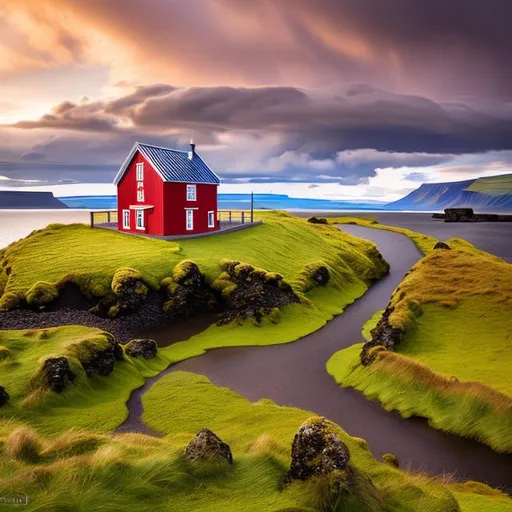 Prompt: landscape, iceland inlet, lone red house, winding path, stormy, 24mm lens, f/2.8, extreme wide shot, 5 stop, daytime background, bokeh, centered, horizontally symmetrical, soft lighting, dramatic lighting, rule of thirds, tonemapping, ultra high quality octane render, 4k, 3D Blender Render, hypermaximalist