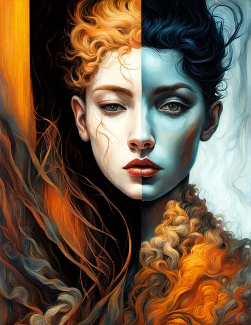 Prompt: Shadows intertwine, revealing hidden depths within the human psyche. detailed by artgerm, Esao Andrews, Arthur Rackham, Van Gogh, Catherine Abel, catrin welz-stein, Bernard Buffet, highly detailed oil painting, portrait of a beautiful person, art by Charlie Bowater, Atey Ghailan and Mike Mignola, Highly detailed oil painting, airbrush painting, hd. Gradient crossed colors, metallic Watercolors and ink. 3d, extremely detailed, super clear resolution, iridescent polished finish glow. art by water wash painting, color smoke brushes, steading, 