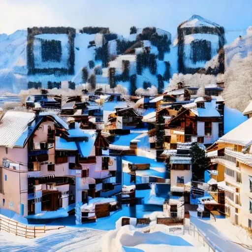 Prompt: a snowy village with mountains on the back