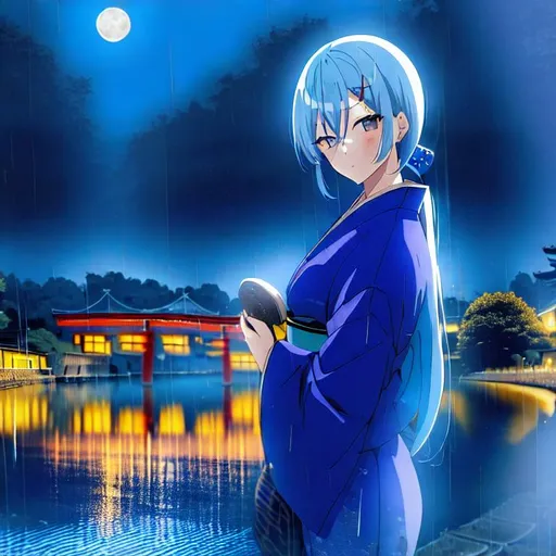 Prompt: Girl with blue hair , night, moon, anime, city, train, landscape photography, rain, blue, rill, japan, 