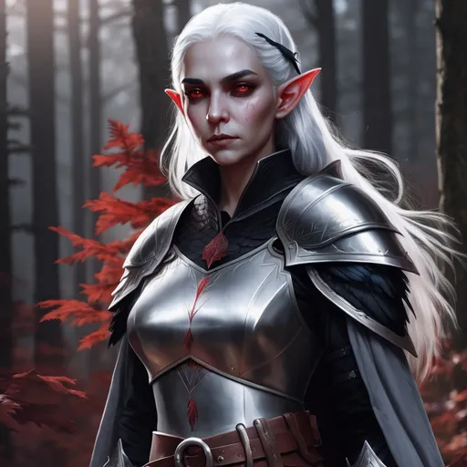 Prompt: elf, female, white skin, white hair, red eyes, scale mail,  raven brooch,
dnd portrait, young adult, raven feathers,