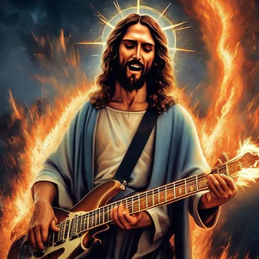 Prompt: Jesus Christ in a guitar battle against Jesus, epic image, fire and sparks, awesome, 4k