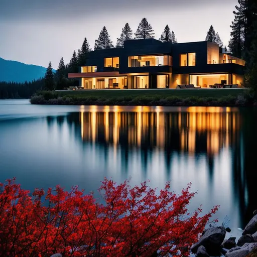 Prompt: AI-generated digital painting showcasing dramatic lighting and shadows reminiscent of film noir. Deep contrasts, low-key lighting, and strong chiaroscuro effects. Moody atmosphere and high level of detail. Art by Lucas Thompson and Emily Foster, A modern villa  near a serene lake reflecting the colors of a sunset, creating a peaceful and dreamlike atmosphere, with soft hues and a touch of mist in the air, reflecting the vintage charm and elegance, accentuated by sunlight and a hint of nostalgia, foggy, sunset
