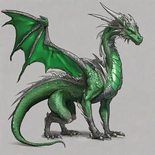 Prompt: Concept designs of a dragon. Full dragon body. Dragon has four legs and a set of wings.  Side view. Coloring in the dragon is mostly green with silver streaks or details present.