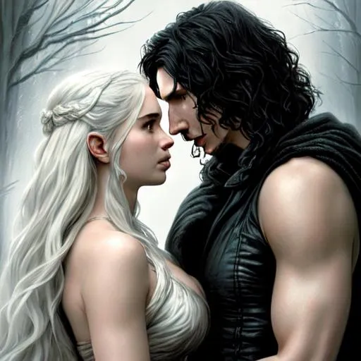 Prompt: {{{highest quality concept art masterpiece}}}, splash page, digital oil painting of adam driver as kylo ren and emilia clarke as daenerys targaryen {two people} {male character} {female character} by luis royo