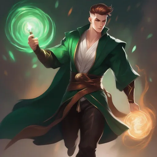 Prompt: a dynamic waist up drawing of an athletic, adult slender muscular male mage in movement, wearing a dark green wizars robe with a cape, loincloth, white shirt underneath, very short extremely deep dark brown slicked back pompadour undercut with dark ginger highlights and shaved sides, very bright and pale milky skin. He fights with a wooden magic staff with a crystal and shoots magical pulses in motion, in rage, soft feminine body features, rising, athlete, scarred face, Smooth skin, detailed face, well drawn face. artgerm greg rutkowski mucha