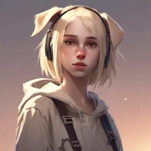 Prompt: plain, nervous looking girl, pale skin, straight pale blond hair, large brown eyes, floppy puppy ears, concept art, epic lighting, finely-tuned, octane rendering