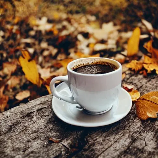 Prompt: Drinking coffee on a trail in fall with leaves falling 