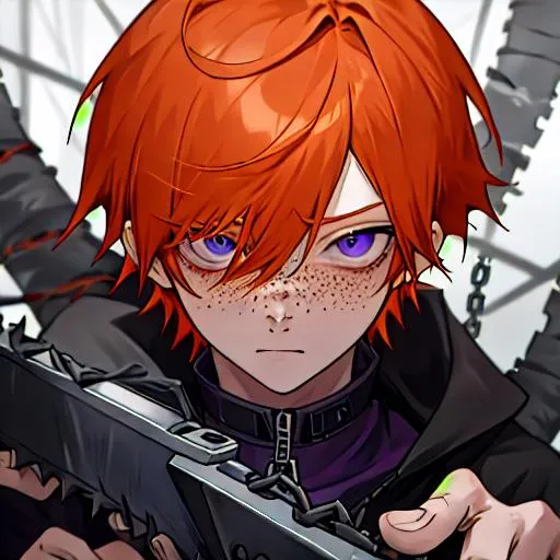 Prompt: Erikku male adult (short ginger hair, freckles, right eye blue left eye purple) 8K, Highly detailed, insane detail, best quality, high quality, holding a chain saw