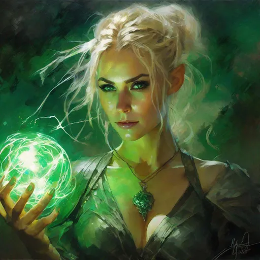 Prompt: gorgeous elven druid woman holding a ball of electricity in her hand, blonde medium length hair, ponytail, pale skin, deep green eyes, almond shaped eyes, fierce look, eyeliner, pagan druid necklace,

magic, battle pose, sparks,

full body painting, textured Speedpaint, rough brush strokes, by Jeremy Mann, oil on canvas, dramatic lighting